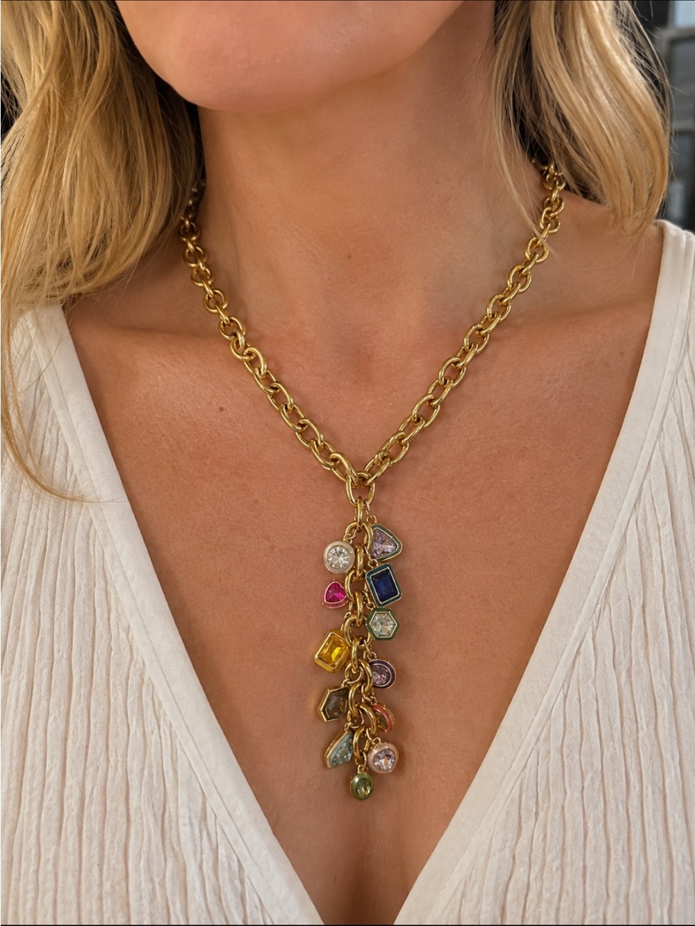 Gold-Tone Multi-Gem Charm Statement Necklace - Colorful Crystal Charms
